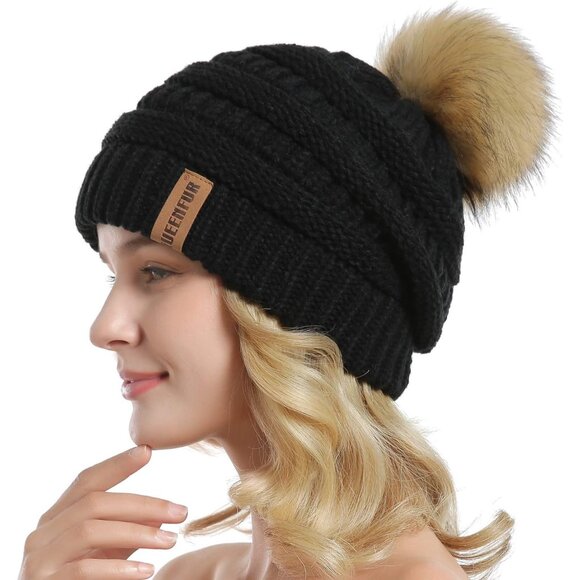 Women Black 2 Soft Acrylic Thick Baggy Knit Winter Faux Fur Pompom Beanie - Picture 3 of 6